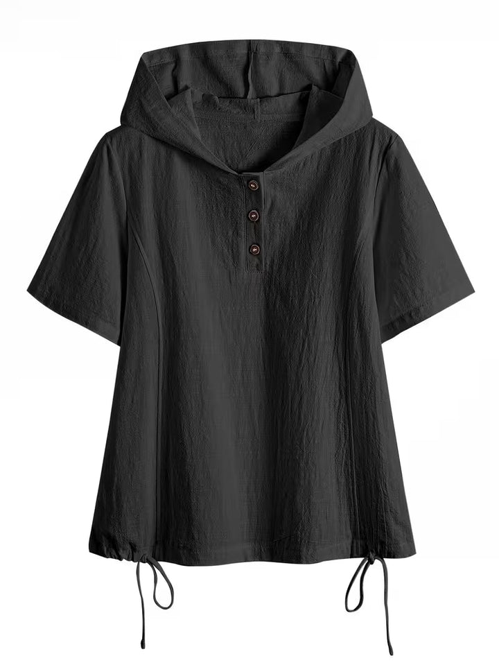 Bouchra - Loose Solid Color Hooded Short Sleeve Front Button