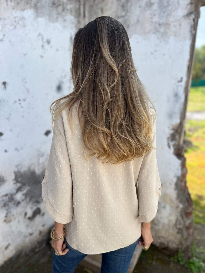 Lyutsiya - Round Neck Embroidered Large Cuffs Casual Shirt