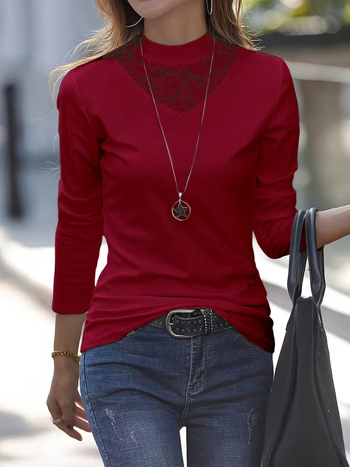 Marine - Long Sleeve Top With Lace Neckline