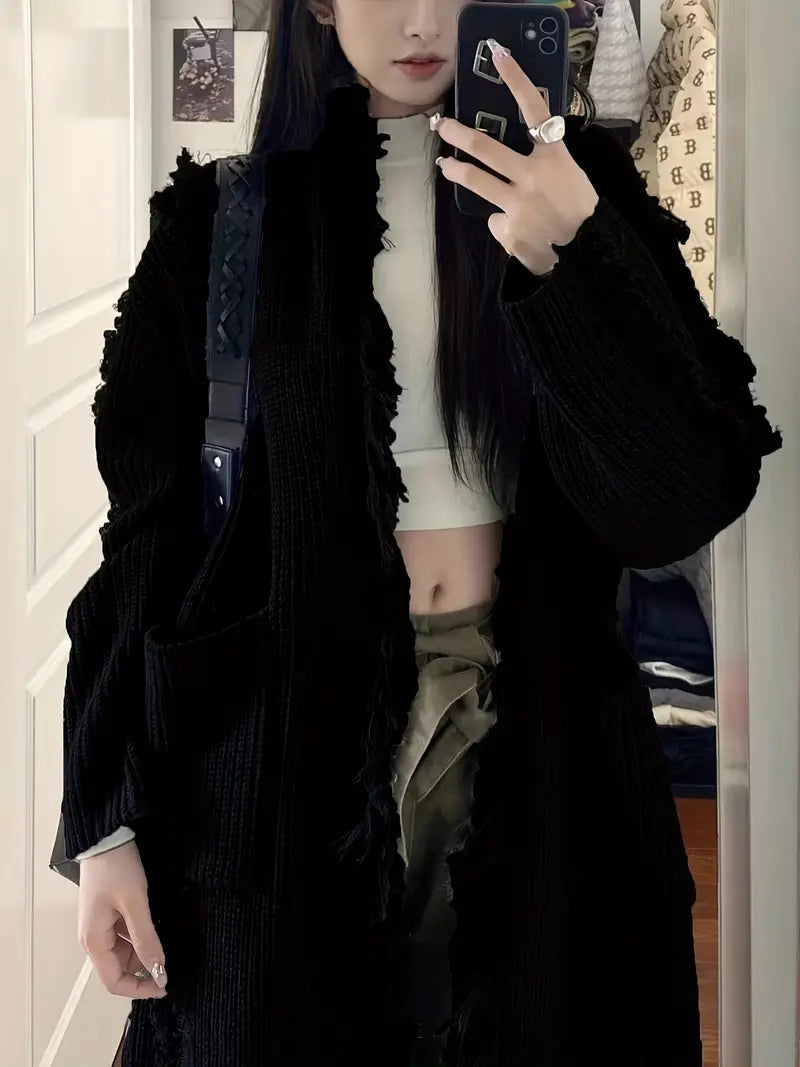 Ramziya - Elegant Long Tassel Cardigan With Pocket