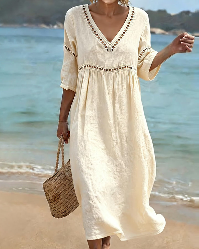 Mikela - Hollow Trim V Neck Midi Dress