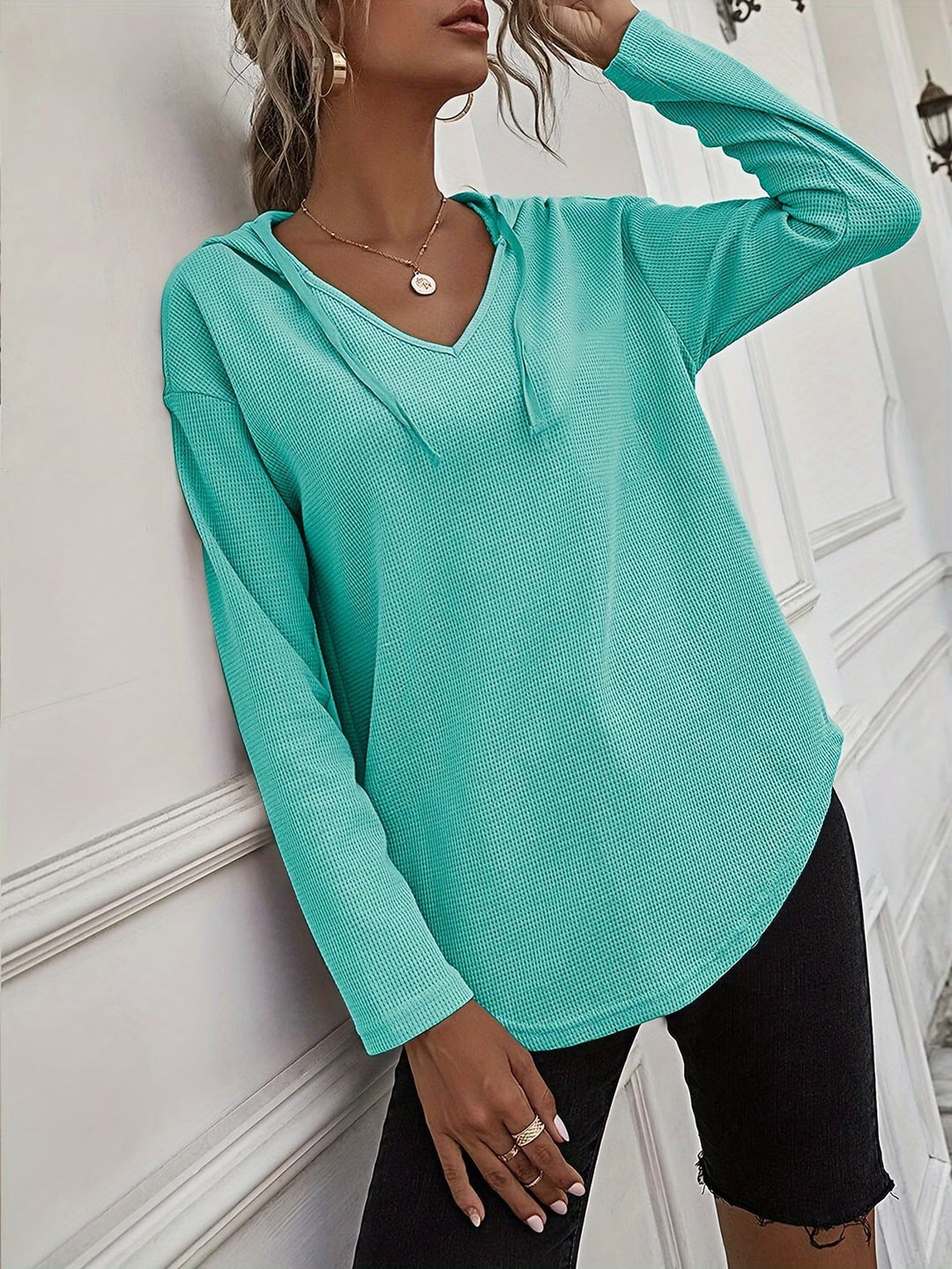 Laurette - Long Sleeve V Neck Hoodie