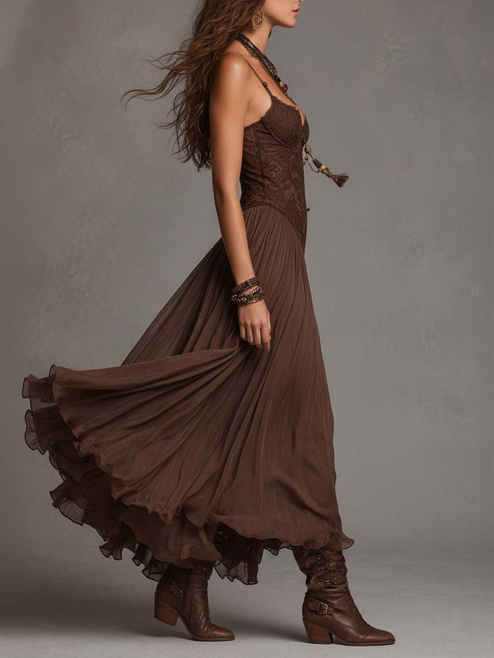 Serisha - Lace Bodice Flowing Maxi Dress