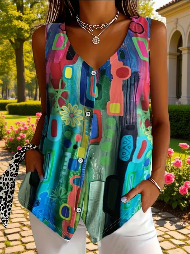Corinaa - Printed V-Neck Sleeveless Shirt