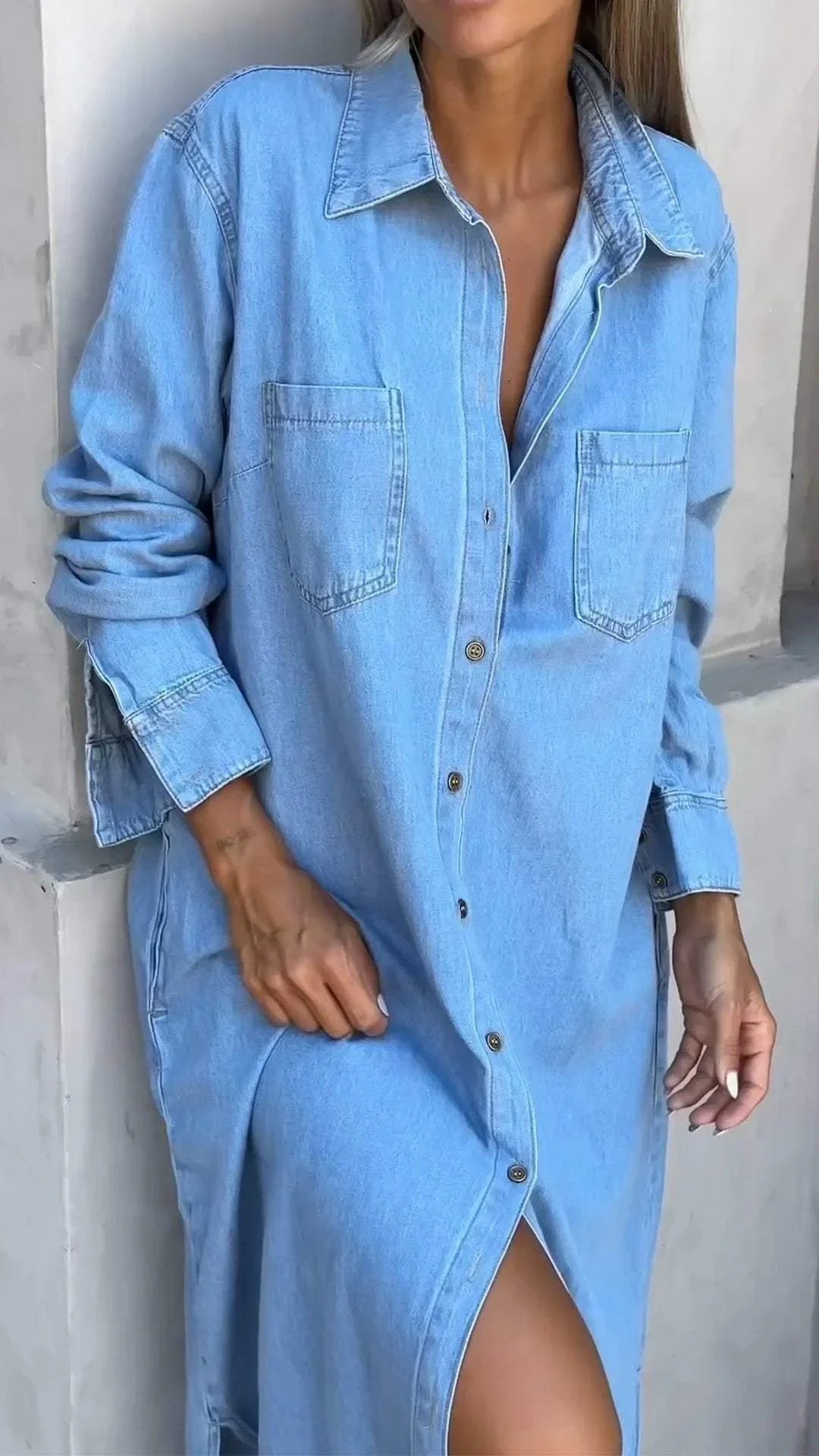 Vallina - Denim Long Sleeves Dress With Lapel