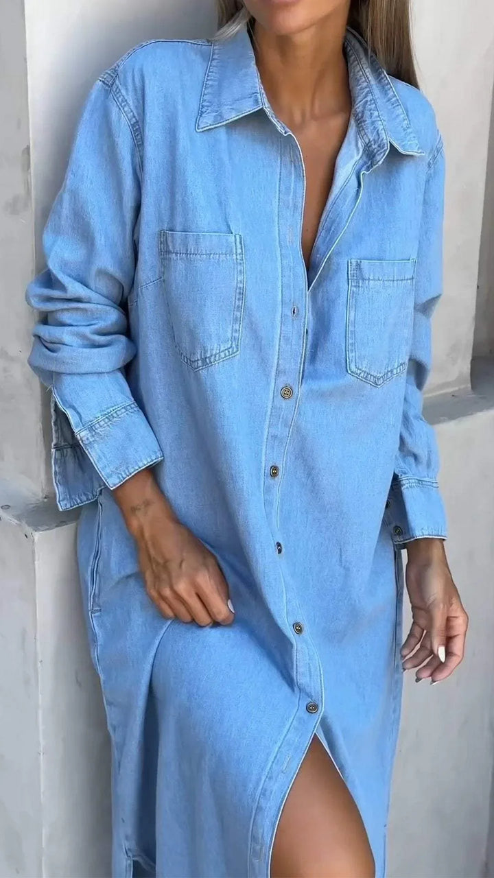 Vallina - Denim Long Sleeves Dress With Lapel