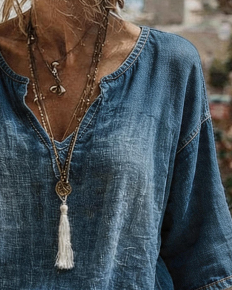 Syleena - V-Neck And Half Sleeve Denim Top