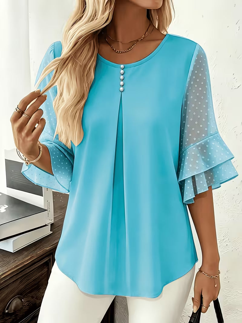 Hurley - Round Neck Blouse With Sheer Ruffle Sleeves