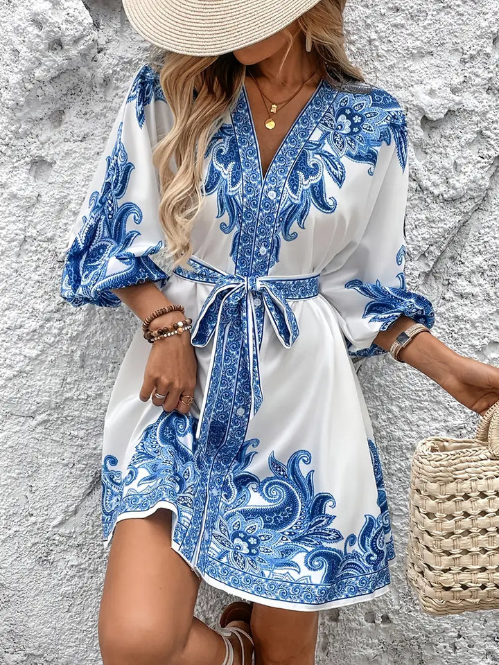 Gwenda - Paisley Print A-line V-Neck Dress
