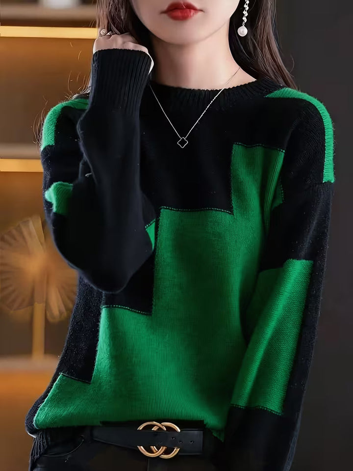 Marvelle - Color Block Crew Neck Long Sleeve Sweater