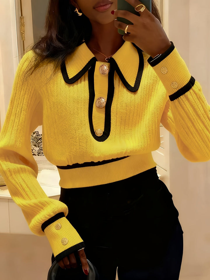 Roweina - Long Sleeve Contrast Trim Button Sweater