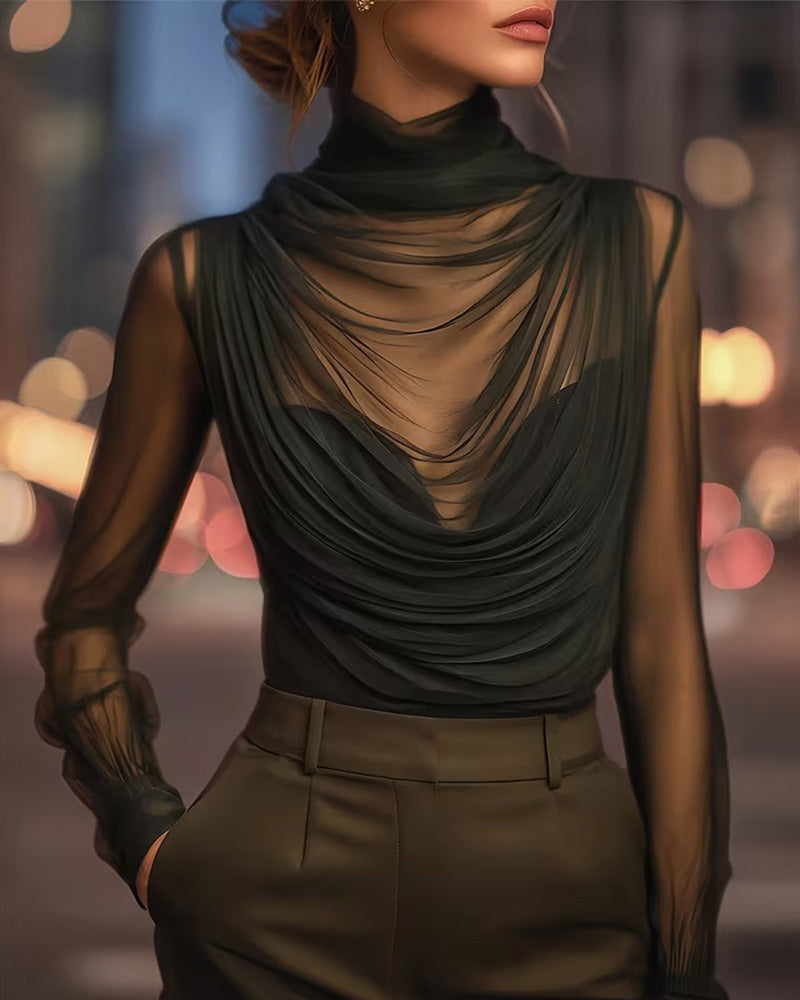 Jazmin - Sheer Draped High Neck Blouse