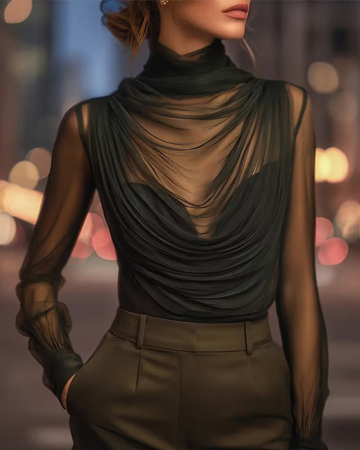 Jazmin - Sheer Draped High Neck Blouse