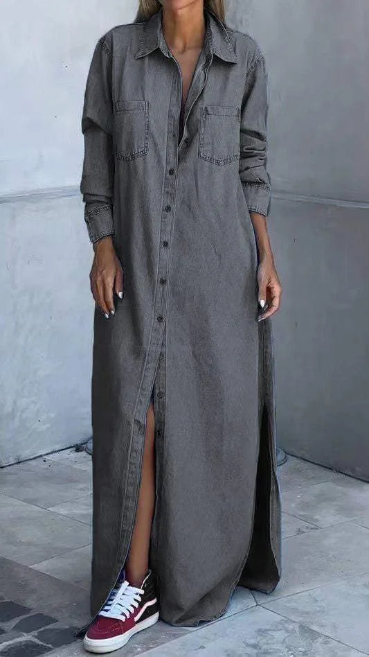 Vallina - Denim Long Sleeves Dress With Lapel
