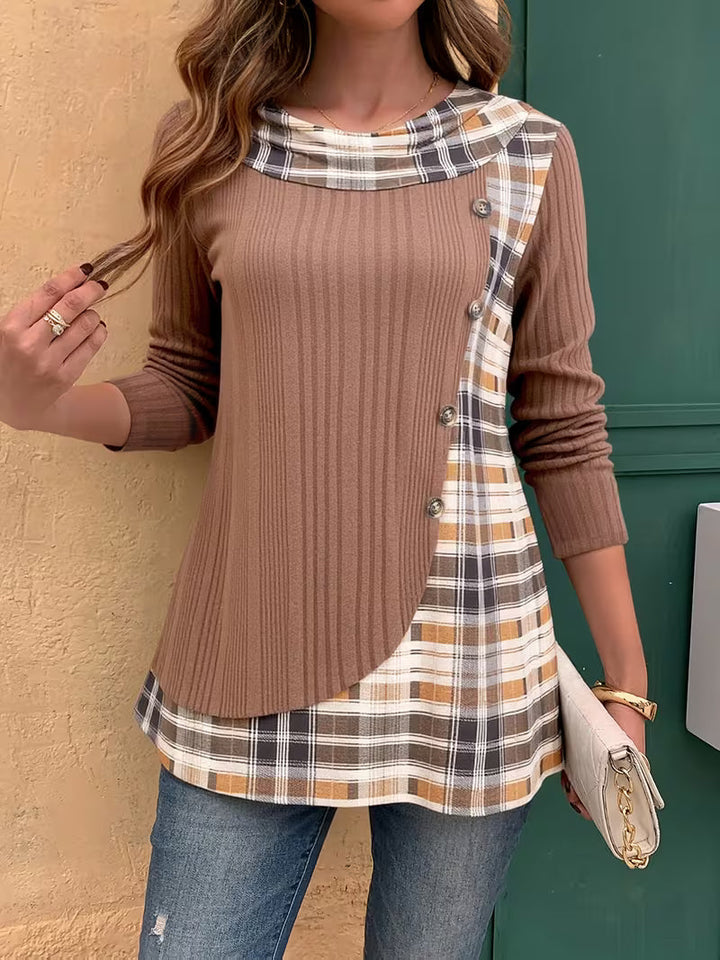 Florilitha - Ribbed Long Sleeve Printed Button Detail Top