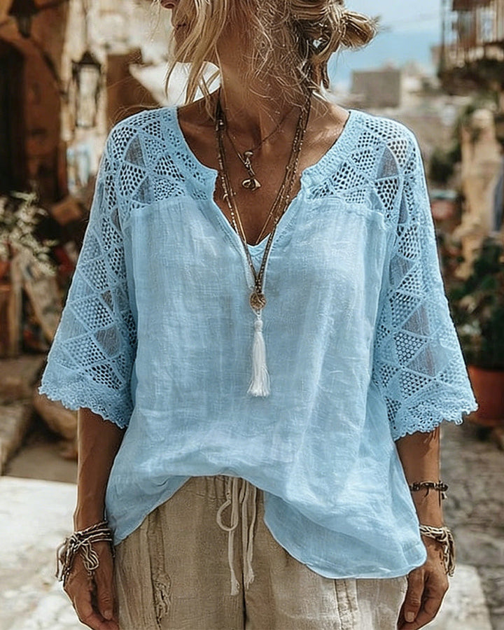 Essien - Lace Sleeve Loose Fit V-Neck Blouse