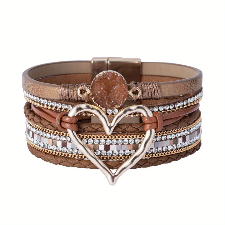 Joely - Multi Layer Leather Bracelet With Heart Design