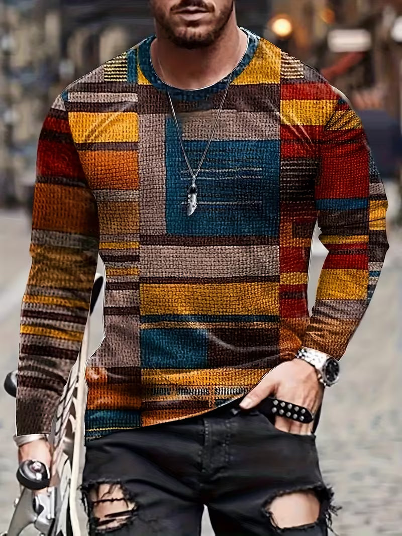 Dravric - Patchwork Geometric Print Long Sleeve Shirt