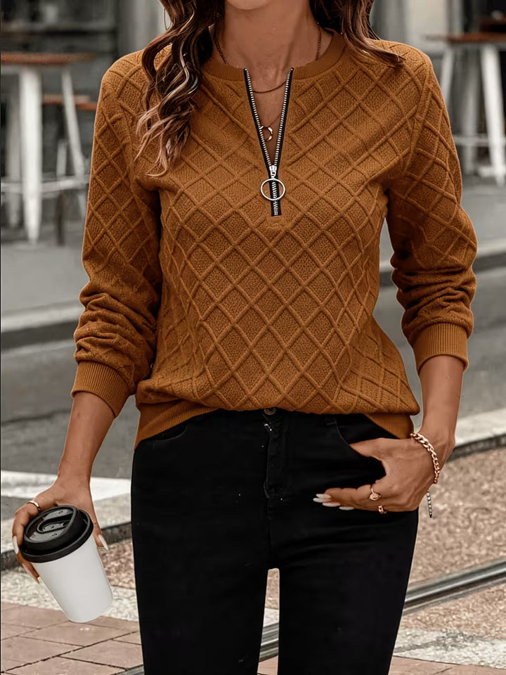 Juliet - Long Sleeve Textured Zip Neck Sweatshirt