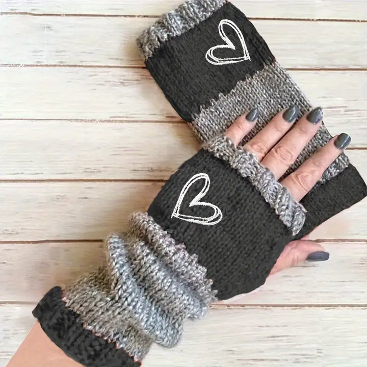 Eirlys - Knitted Fingerless Gloves With Heart Motif