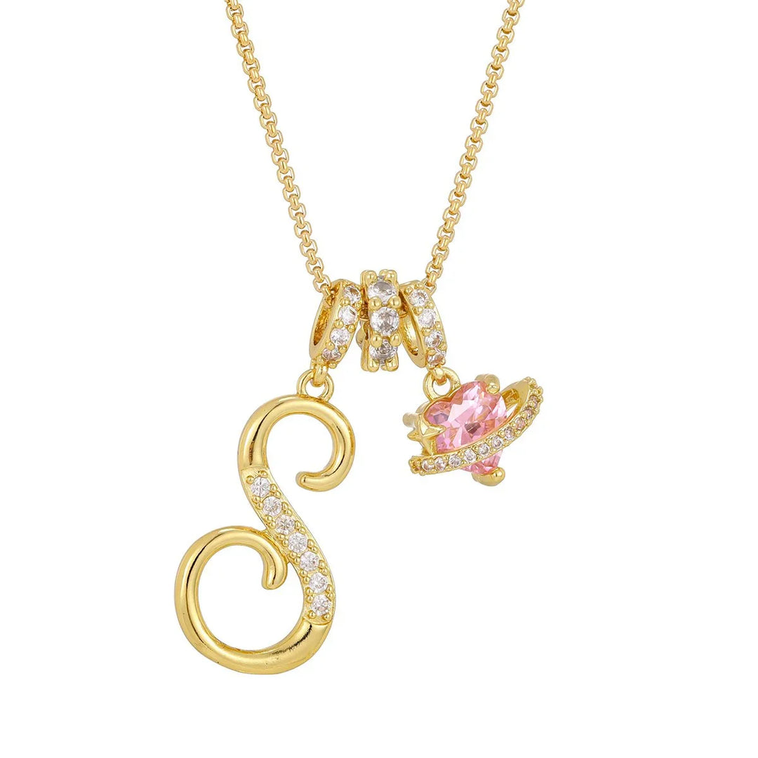 Nerute - Initial Letter Necklace With Pink Heart Charm