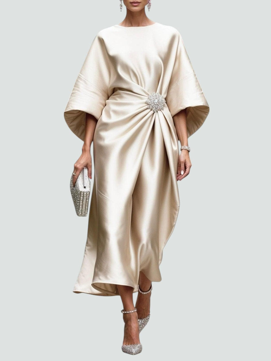 Noveine - Modern Satin Cape Sleeve Maxi Dress