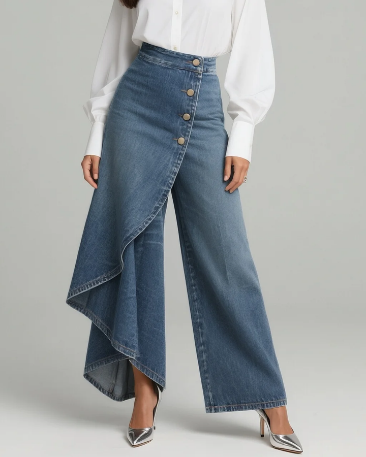 Elpida - Wrap Overlay Button Front Wide Leg Jeans