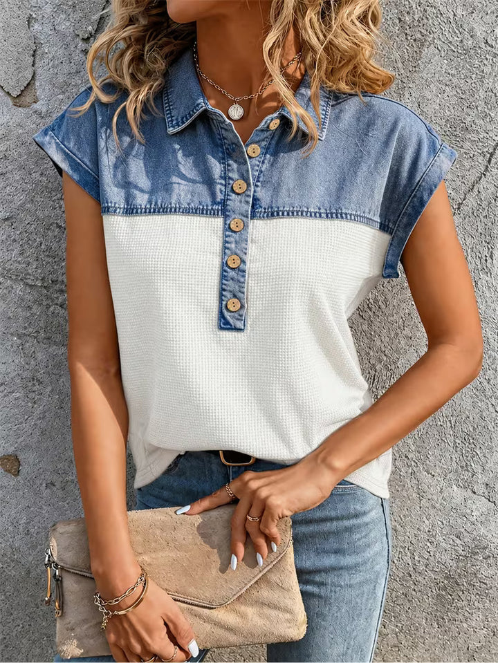 Haily - Casual Denim Patchwork Collar Top With Short Sleeve