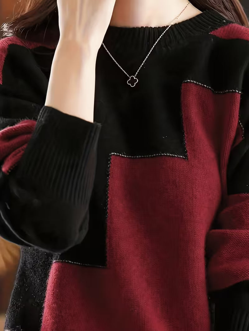 Marvelle - Color Block Crew Neck Long Sleeve Sweater
