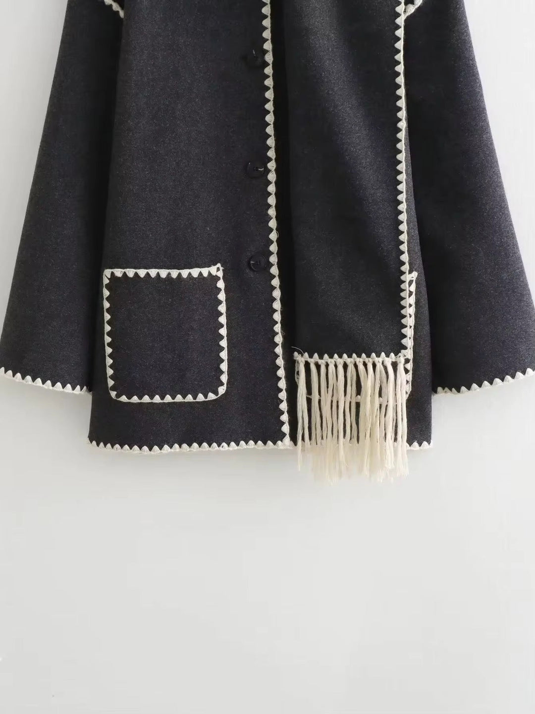 Anelinoria - Embroidered Fringe Coat With Matching Scarf