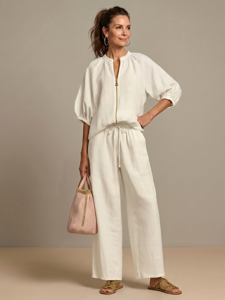 Sharina - Zip-up Blouse And Wide-Leg Pant Set