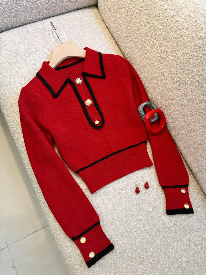 Roweina - Long Sleeve Contrast Trim Button Sweater