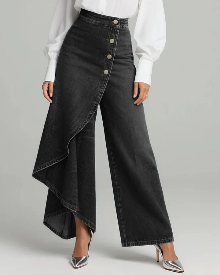 Elpida - Wrap Overlay Button Front Wide Leg Jeans