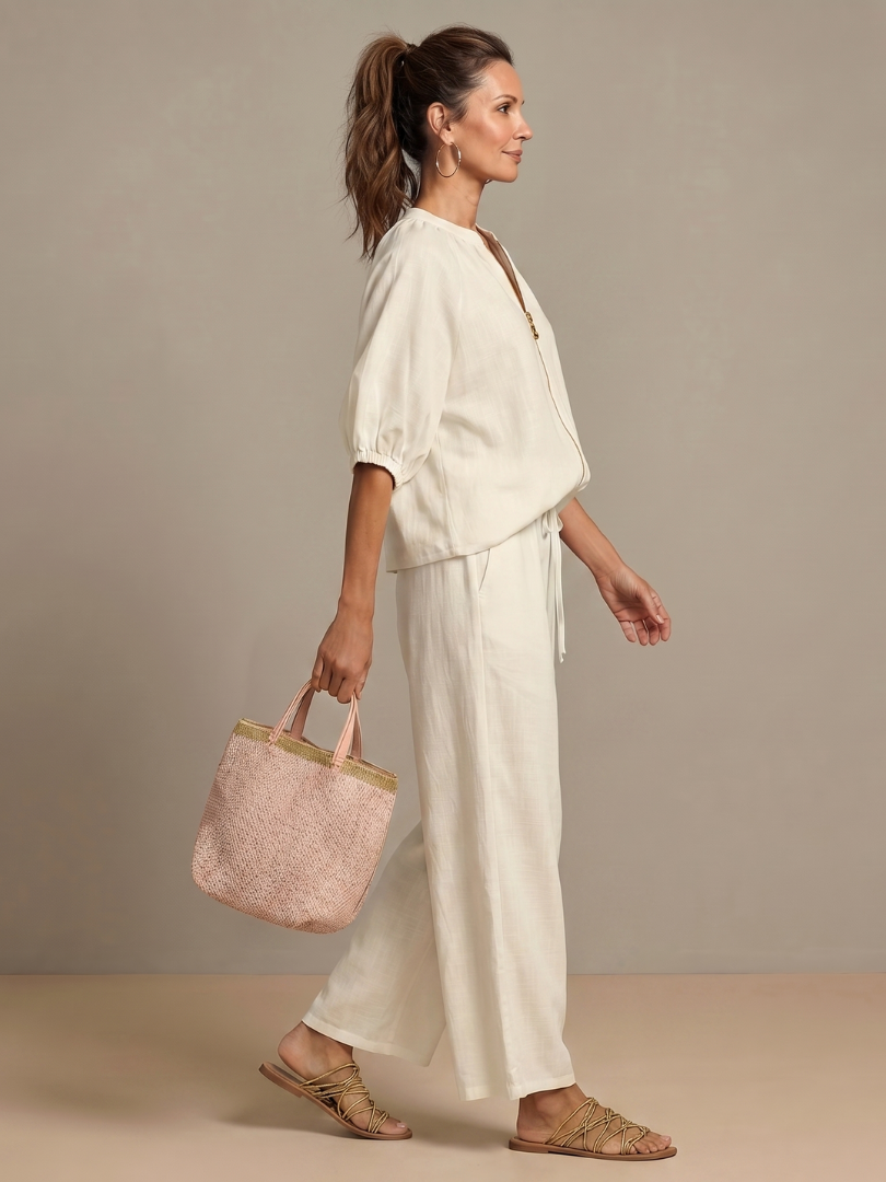 Sharina - Zip-up Blouse And Wide-Leg Pant Set