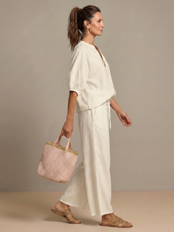 Sharina - Zip-up Blouse And Wide-Leg Pant Set