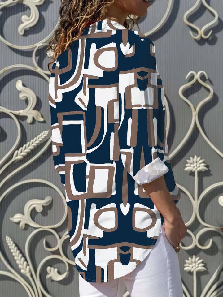 Vespia - Casual Geometric Print Chiffon Shirt