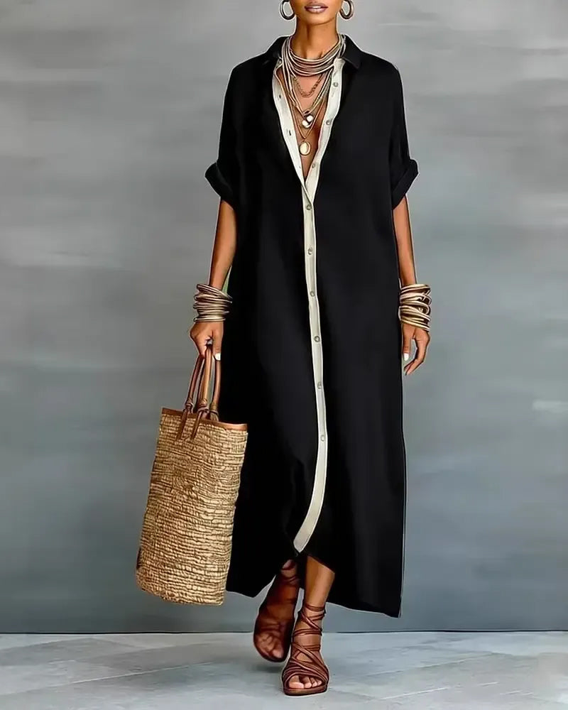 Nerena - Elegant Draped Notched Collar Shirt Dress