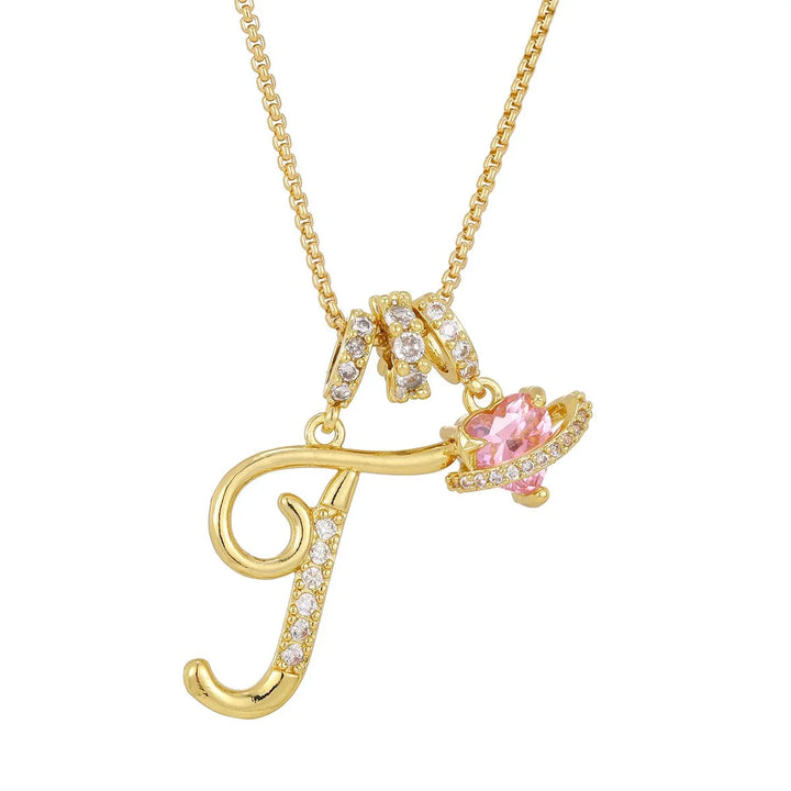 Nerute - Initial Letter Necklace With Pink Heart Charm