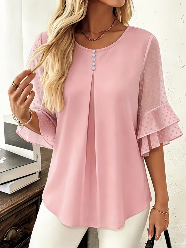Hurley - Round Neck Blouse With Sheer Ruffle Sleeves