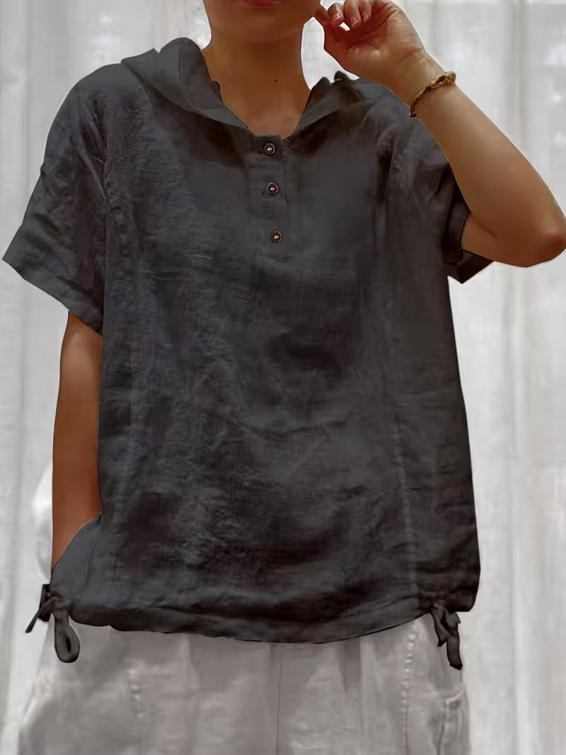 Bouchra - Loose Solid Color Hooded Short Sleeve Front Button