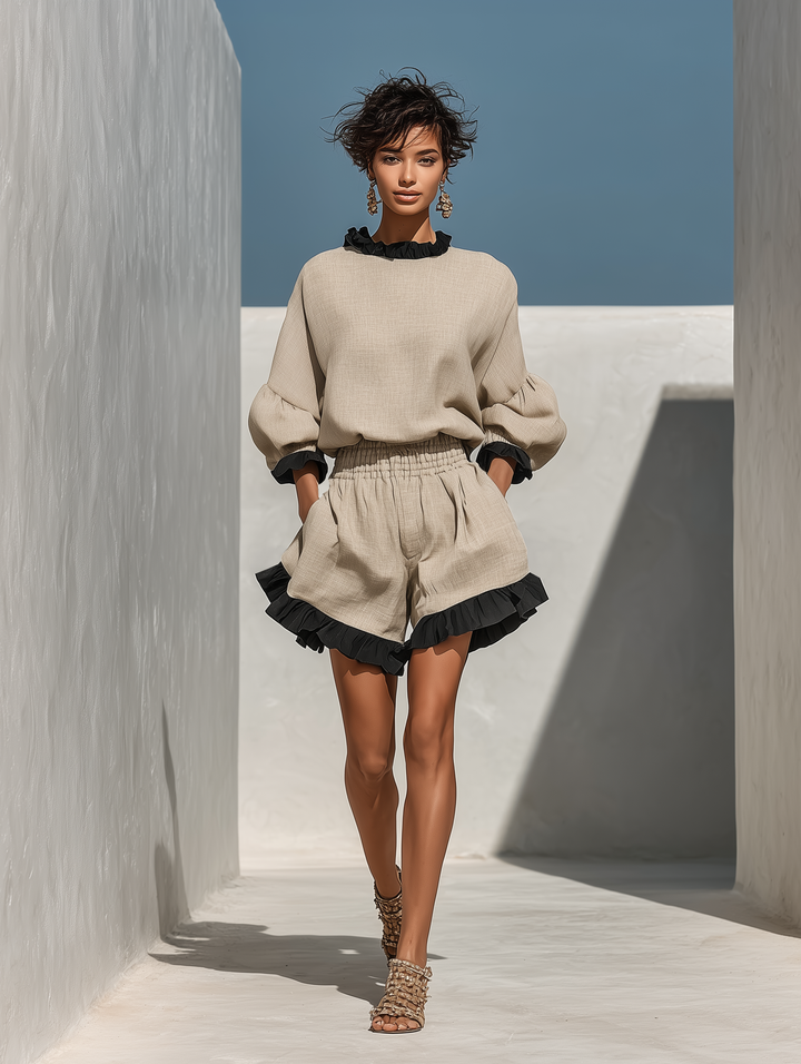 Simi - Blouse And Shorts With Linen Ruffle Trim