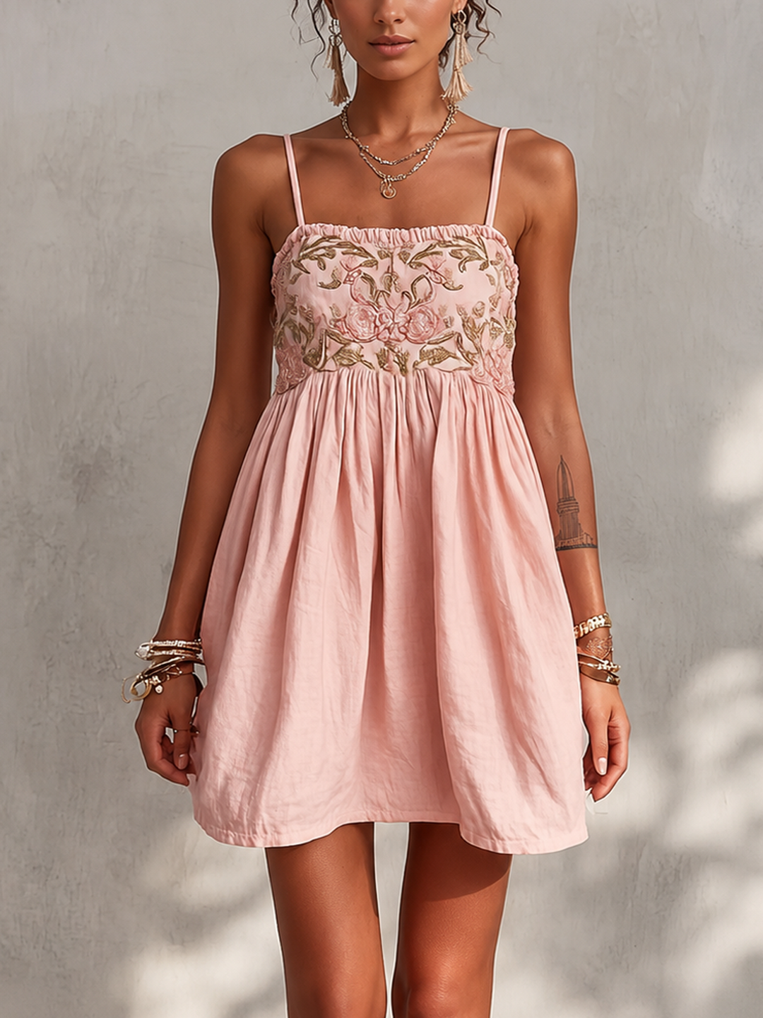 Merisha - Embroidered Linen Cotton Mini Cami Dress