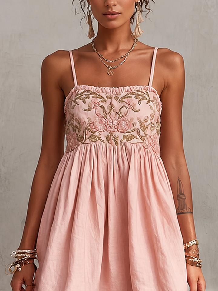 Merisha - Embroidered Linen Cotton Mini Cami Dress