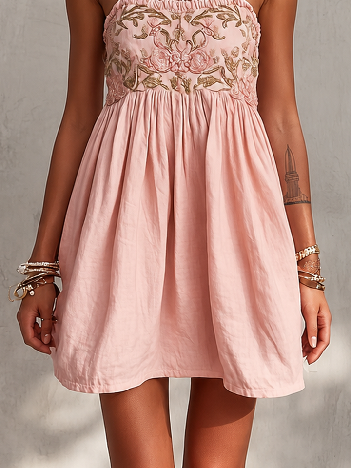 Merisha - Embroidered Linen Cotton Mini Cami Dress