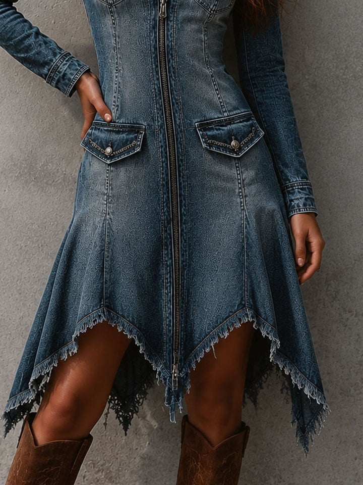 Milinia - Asymmetric Denim Dress With Full-Front Zipper