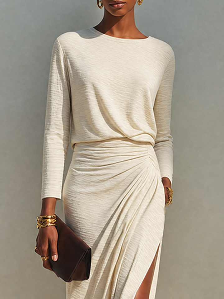 Noeza - Round Neck Draped Slit Maxi Dress