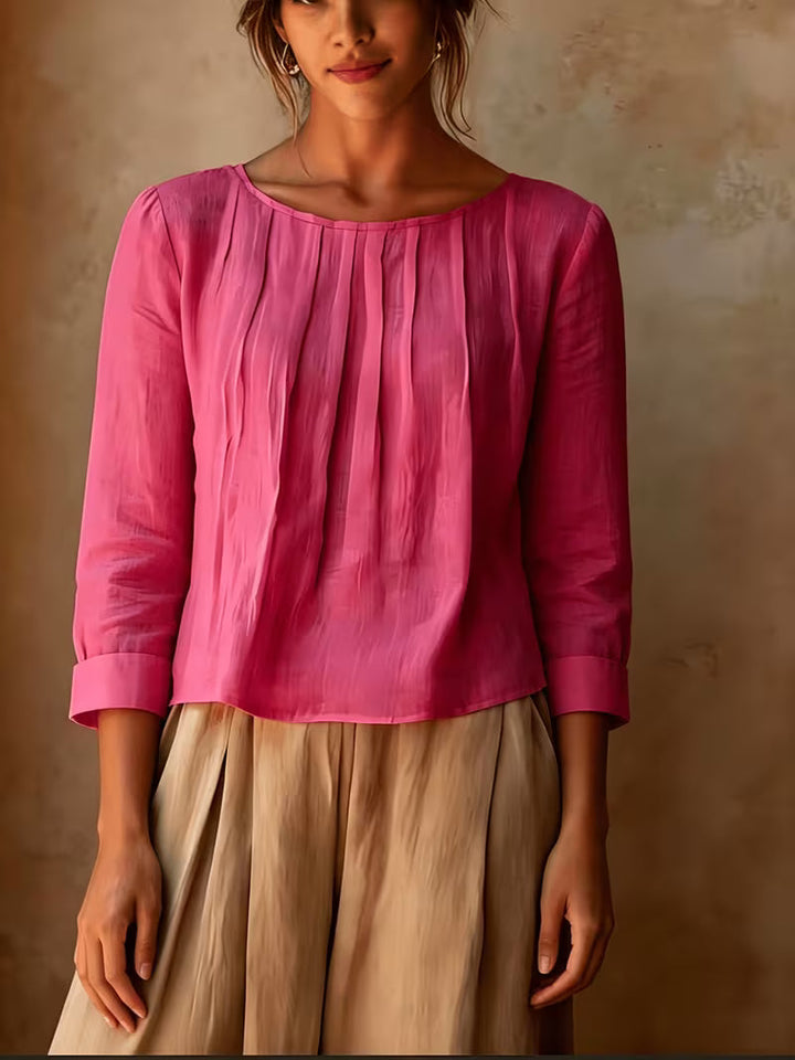 Gelina - Round Neck Blouse With Front Pleats