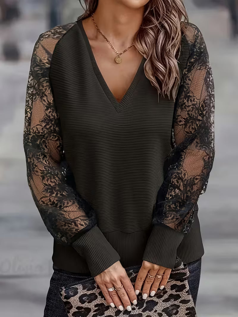 Melionina - V-Neck Lace Sleeve Ribbed Top