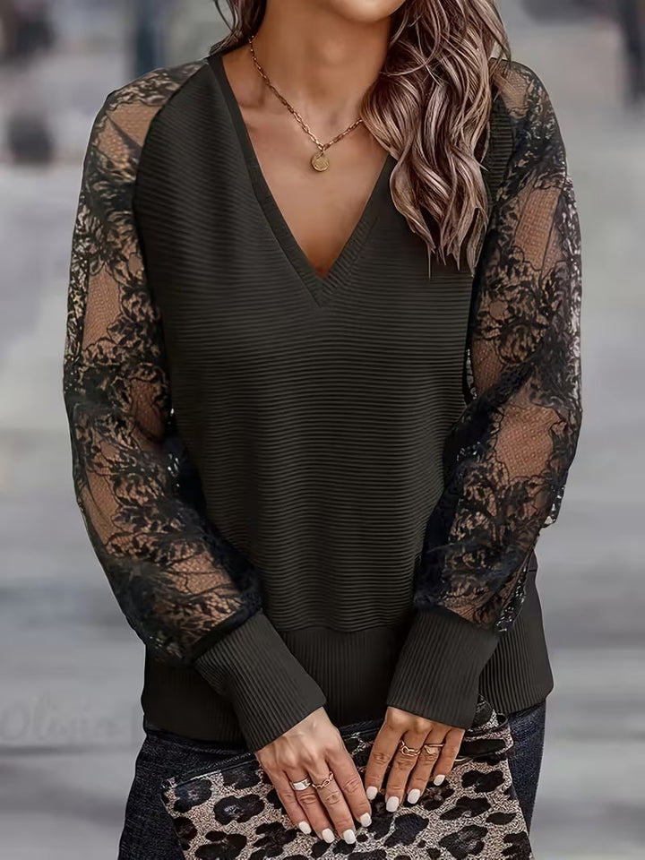 Melionina - V-Neck Lace Sleeve Ribbed Top