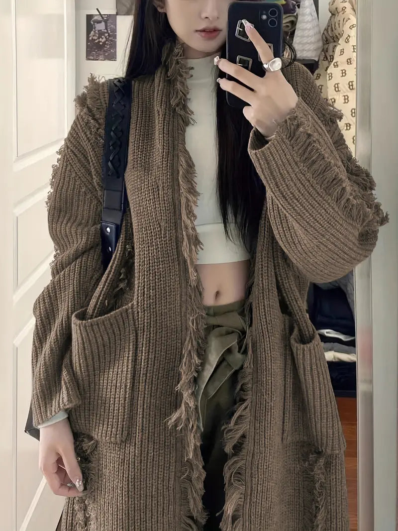 Ramziya - Elegant Long Tassel Cardigan With Pocket